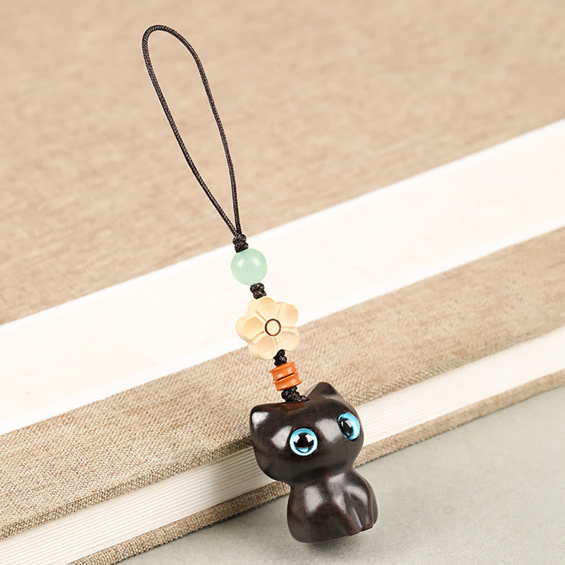 Foviel Mini Small Leaf Red Sandalwood Ebony Wood Lucky Cat Lovely Kitty Peace Key Chain Phone Hanging Decoration