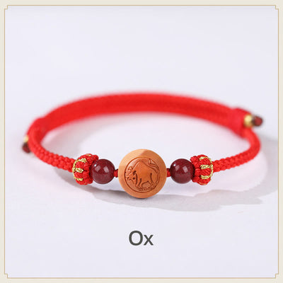 Buddha Stones Natural Peach Wood Chinese Zodiac Fu Character Carved Cinnabar Wealth Bracelet Bracelet BS Ox-Red(Wrist Circumference 14-22cm)