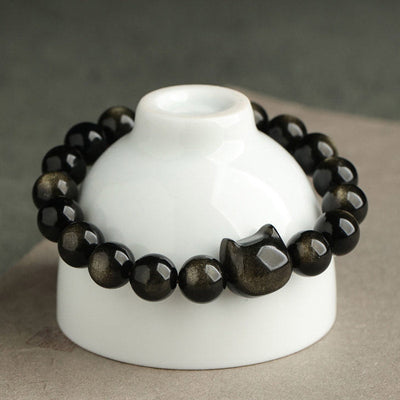 Foviel Gold Sheen Obsidian Silver Sheen Obsidian Lovely Paw Lucky Cat Protection Bracelet