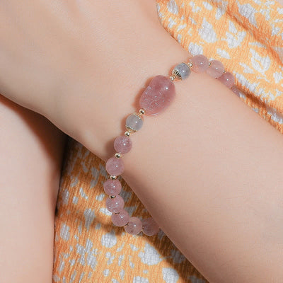 Buddha Stones Moonstone Strawberry Quartz Tourmaline PiXiu Healing Bracelet Bracelet BS 5