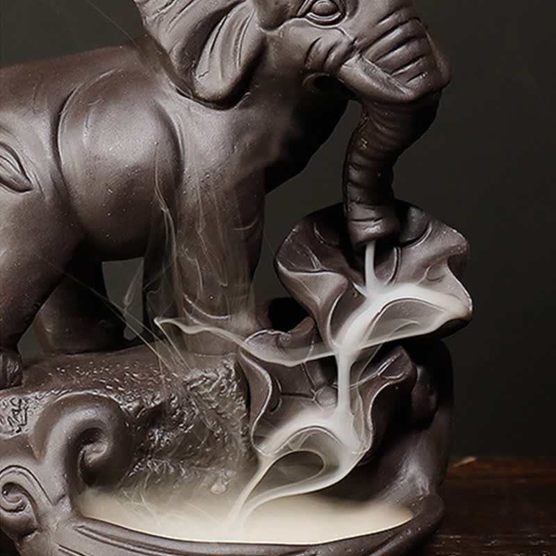 Buddha Stones Tibetan Elephant Purple Clay Backflow Smoke Fountain Peace Healing Incense Burner Decoration Incense Burner BS 14