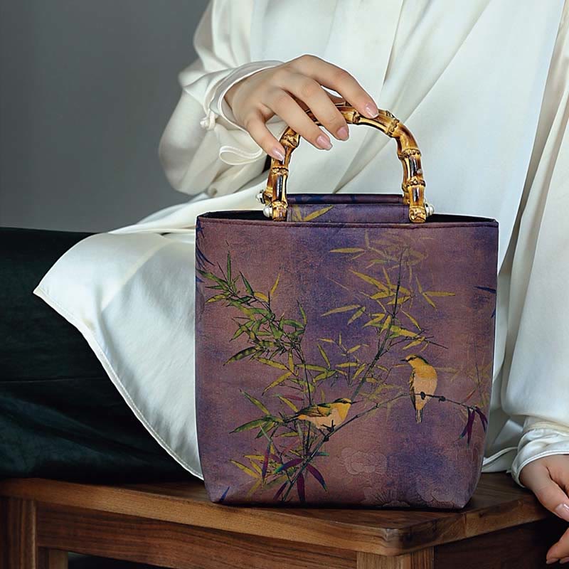 Buddha Stones Purple Magpie Birds Branches Bamboo Handles Handbag Handbags BS 14
