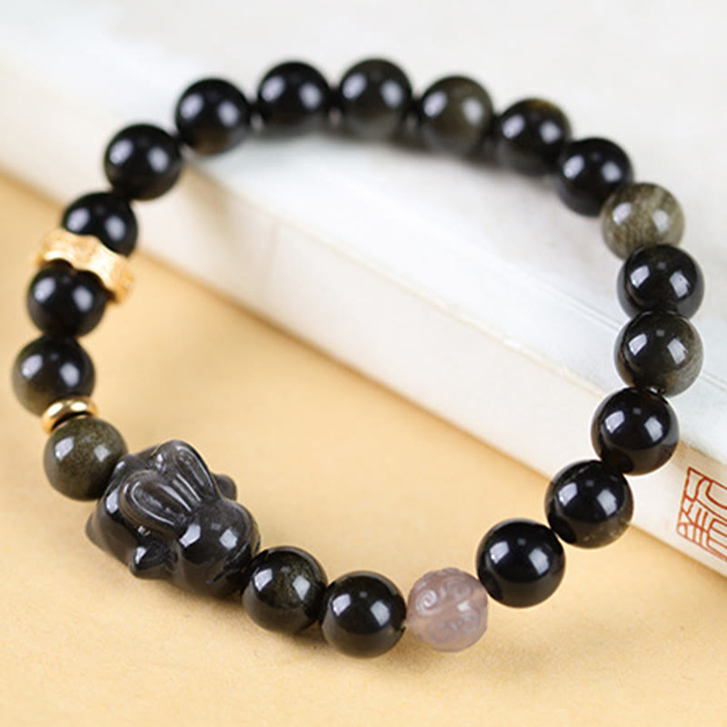 Buddha Stones Gold Sheen Obsidian Black Obsidian Silver Sheen Obsidian Cute Rabbit Protection Bracelet Bracelet BS 7
