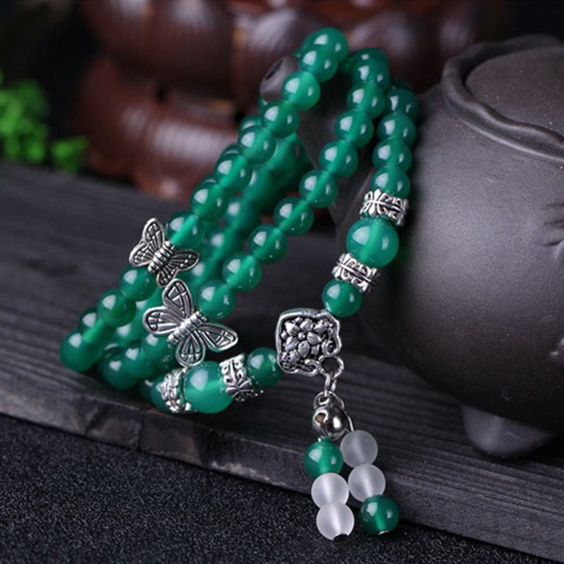 Buddha Stones Natural Green Agate Butterfly Support Bracelet Mala Bracelet BS 1
