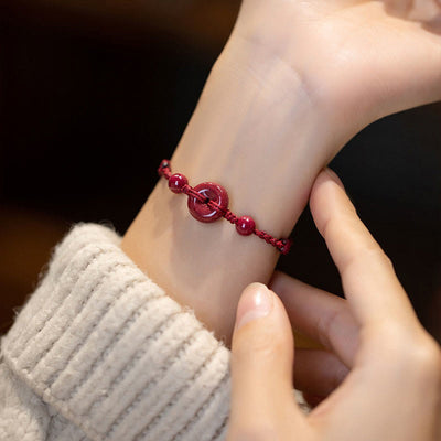 Buddha Stones Handmade Cinnabar Peace Buckle Safe and Healthy Charm Blessing String Bracelet Anklet Bracelet Anklet BS 15