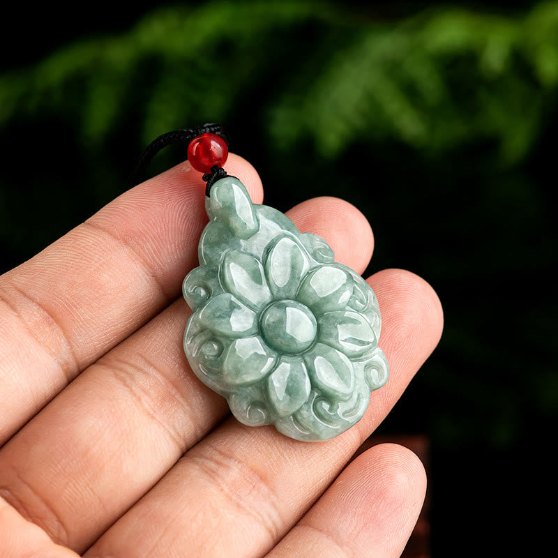 Buddha Stones Natural Jade Kalanchoe blossfeldiana Flower Pattern Luck Necklace Pendant Necklaces & Pendants BS 2