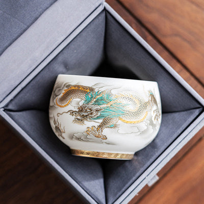 Buddha Stones Dragon Phoenix Auspicious Clouds Ceramic Teacup Kung Fu Tea Cup With Gift Box Cup BS 13