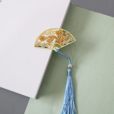 Buddha Stones Traditional Butterfly Lotus Flower Crane Dragon Phoenix Fox Koi Fish New Beginning Metal Brass Hollow Fan Bookmarks Bookmarks BS Dragon Flying In The Cloud