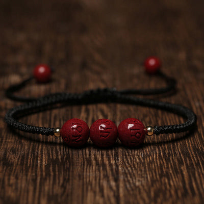 Buddha Stones Handmade Cinnabar Om Mani Padme Hum Engraved Beads Blessing Braided Bracelet Bracelet BS Black Rope(Wrist Circumference 14-17cm)