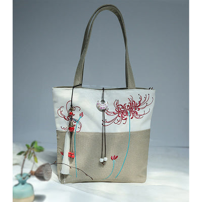 Buddha Stones Pear Flower Plum Peach Blossom Bamboo Embroidery Canvas Large Capacity Shoulder Bag Tote Bag - image 44