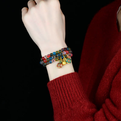Buddha Stones Colorful Candy Agate Gold Swallowing Beast Family Strength Charm Triple Wrap Bracelet Bracelet BS 7