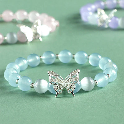 Buddha Stones Blue Chalcedony Pink Crystal Purple Chalcedony Butterfly Energy Bracelet 1