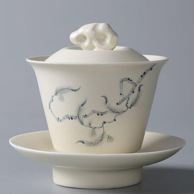 Buddha Stones Hand Painted Pomegranate Hibiscus Pine Lotus Ceramic Gaiwan Sancai Teacup Kung Fu Tea Cup And Saucer With Lid Cup BS 9*10cm*170ml Pine
