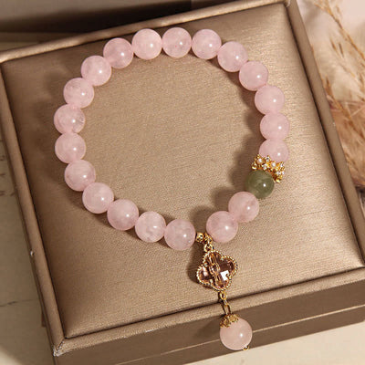 Buddha Stones Natural Pink Crystal Four Leaf Clover Soothing Bracelet Bracelet BS 5
