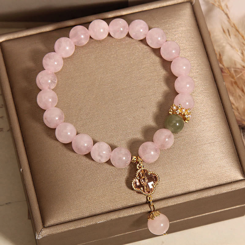 Buddha Stones Natural Pink Crystal Four Leaf Clover Soothing Bracelet Bracelet BS 5