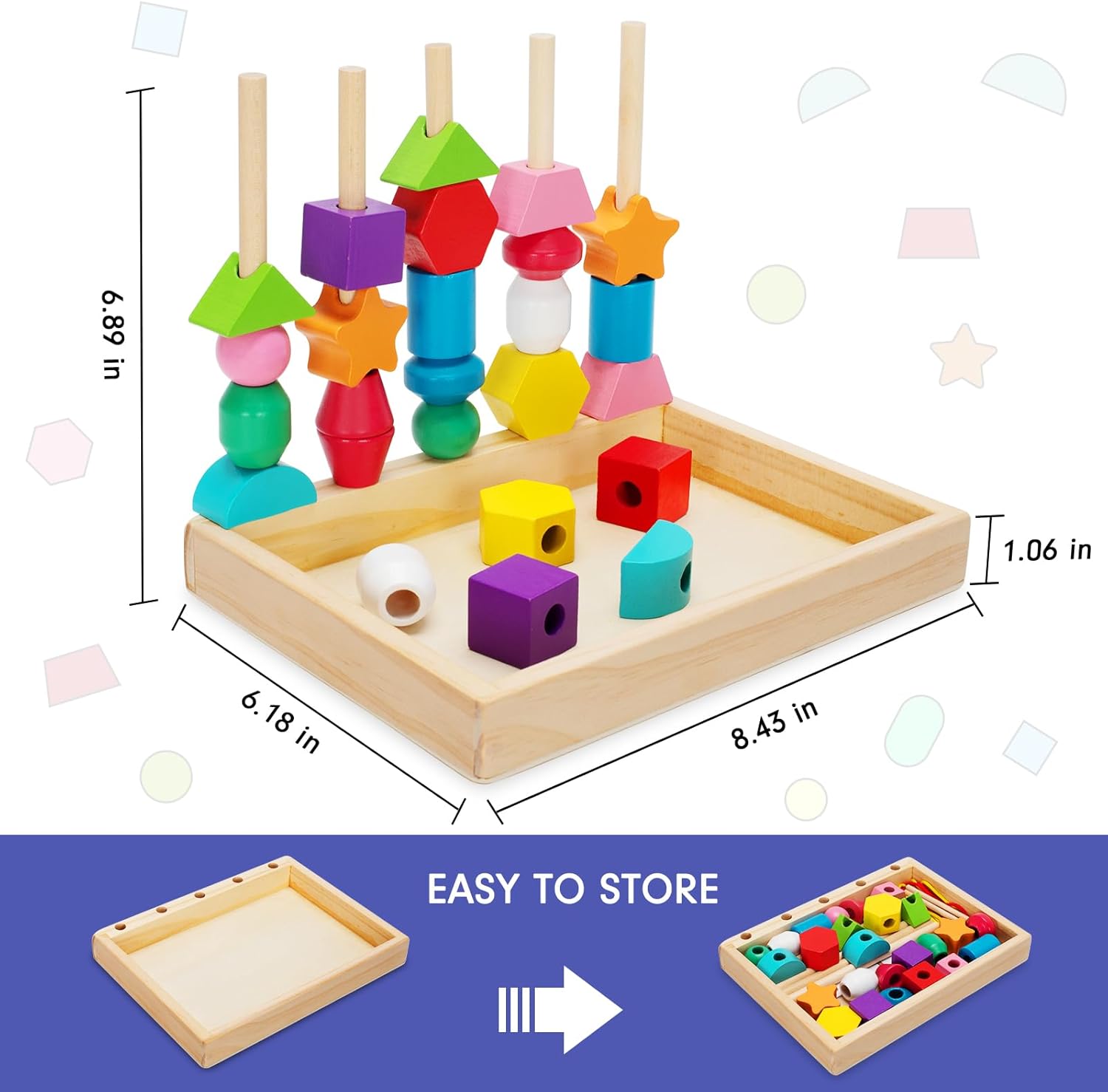 Fidtoy Wooden Bead Lacing Kit Montessori Shape Sorting Toy for Toddlers | Color Matching, Stacking Columns, Sequencing Cards & Fine Motor Learning Toy Age 3+