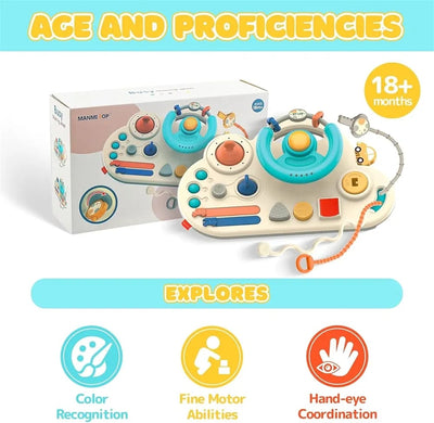 Fidtoy Busy Activity Steering Wheel Baby Pull String Toy for Toddlers – Montessori Sensory Travel Toy with Pull Strings, Bubbles, Buttons & Fine Motor Play