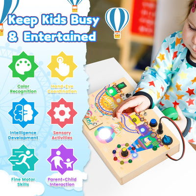 Fidtoy Montessori Wooden Busy Board -Light-Up Sensory Activity Toy for Toddlers, Fine Motor Skills Learning Toy for Ages 1-4, Travel-Friendly Fidget Board for Boys & Girls