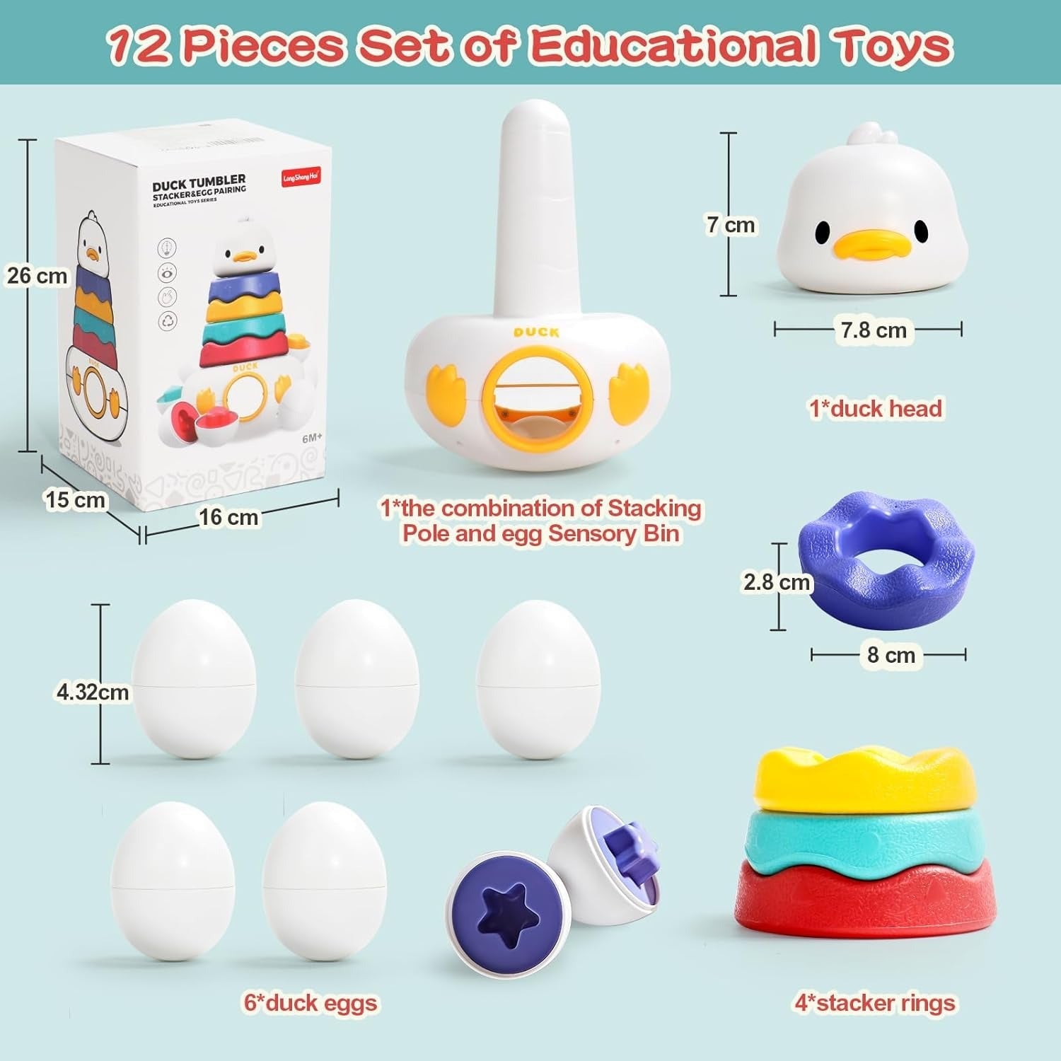 Fidtoy Jouet Culbuto Canard 2-en-1 et Jeu d'Association d'Œufs, Blocs de Construction Canard en Plastique avec 6 Œufs à Assortir, Jouet d'Apprentissage Sensoriel pour la Motricité Fine, 12 Mois et Plus