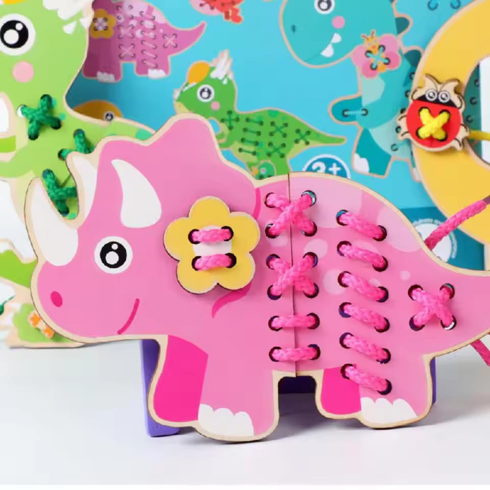 Fidtoy Wooden Dinosaur Threading Toy for Kids | Montessori Lacing Cards, Hand-Eye Coordination, Fine Motor Skills & Preschool Sewing Activity Toy Age 2-6