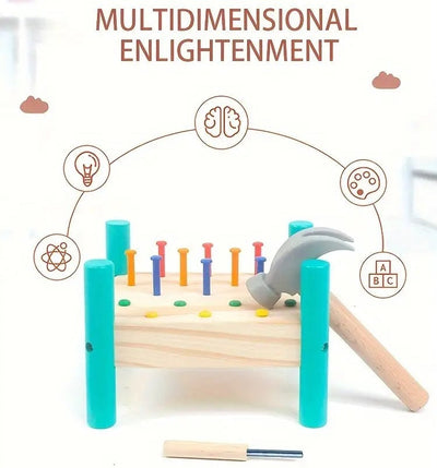 Fidtoy Interactive Nailing Wooden Table Activity Hammering Bench with Pegs and Hammer for Kids Fine Motor Play