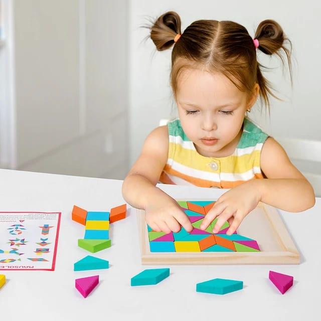 Fidtoy Wooden Geometrical Shapes Pattern Tangram Puzzle Montessori Color Shape Learning Toy for Kids Ages 2 to 6