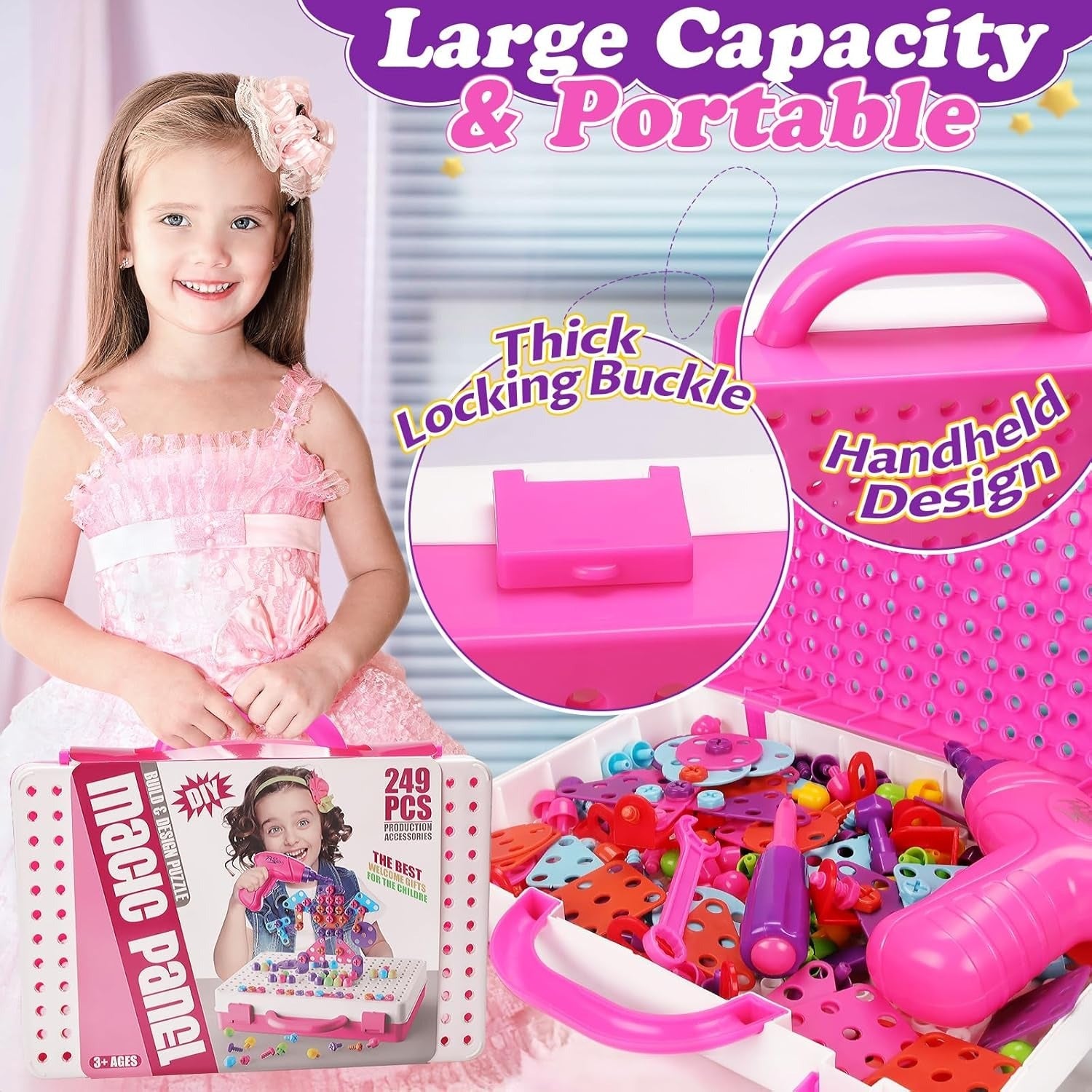 Fidtoy Ensemble de jeu d'outils de perceuse électrique créative magique 3 en 1 pour enfants | Jouet de construction STEM avec étui de rangement portable - Rose