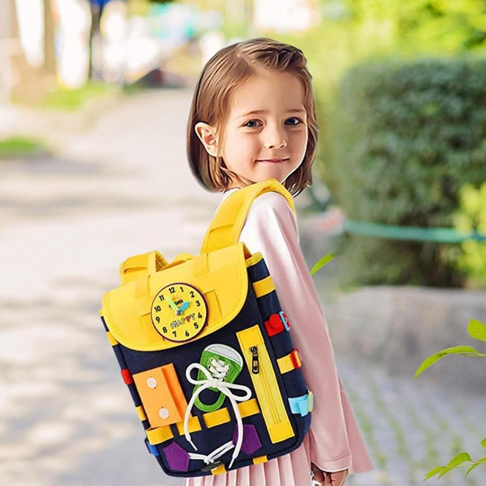 Fidtoy Toddler Busy Kit with Pop Tubes Backpack | Cloth Busy Board Backpack, Montessori Dressing Skills Toy, Pop Tube Shape Building, Fine Motor Skills & Travel Learning Toy Age 3+