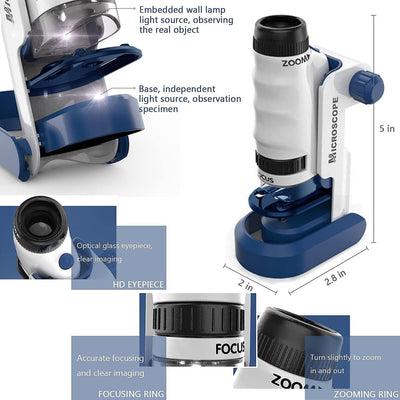 Fidtoy Kids Pocket Microscope 60x-120x Portable STEM Scientific Microscope Experiment Kit, Handheld Plastic Microscope for Ages 6+, LED Light, Slides, Base, Storage Bag, Home Science Exploration Toy