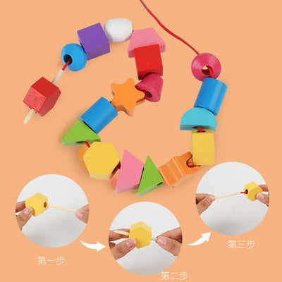 Fidtoy Wooden Five Sets of Shape Columns Lacing and Fishing Game 30 Beads Sorting Stacking Toy for Kids Ages 3+