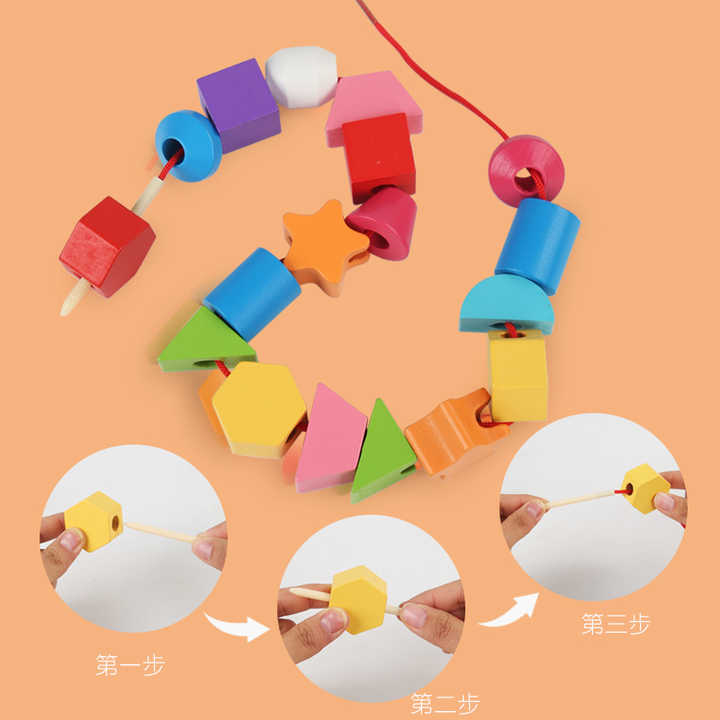 Fidtoy Wooden Five Sets of Shape Columns Lacing and Fishing Game 30 Beads Sorting Stacking Toy for Kids Ages 3+