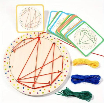 Fidtoy Wooden Geoboard Thread Winding Pattern Kit Montessori Lacing Board with 20 Double-Sided Cards and 3 Threads for Kids Ages 3+
