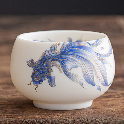 Buddha Stones Koi Fish White Porcelain Ceramic Teacup Kung Fu Tea Cup Cup BS Blue Koi Fish 8.7cm*5.8cm*200ml