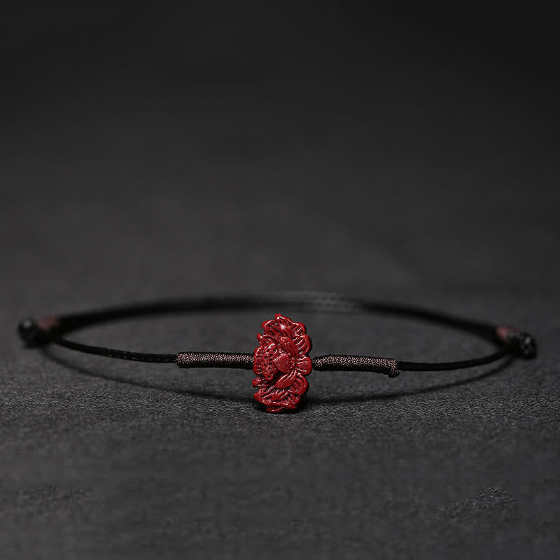 Buddha Stones Handmade Plum Blossom Four Leaf Clover PiXiu Lotus Koi Fish Cinnabar Blessing Braid Bracelet Bracelet BS Black(Wrist Circumference 14-19cm) Lotus