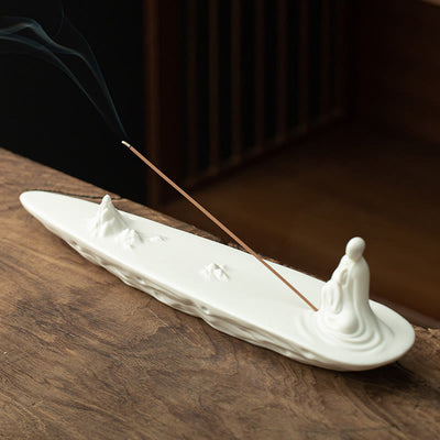 Buddha Stones Buddha Monk Ceramic Sea Wave Mountain Blessing Incense Burner Decoration Incense Burner BS White 32*6.6*8cm