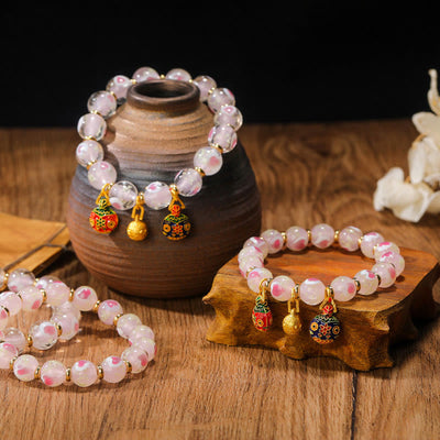 Buddha Stones Gold Swallowing Beast Family Charm Luminous Pink Love Heart Fluorescent Liuli Glass Bead Blessings Bracelet Bracelet BS 4