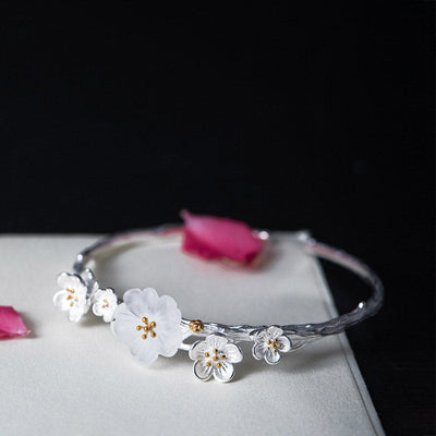 Buddha Stones 925 Sterling Silver Plum Flower Blessing Bracelet Adjustable Bangle Bracelet BS 4