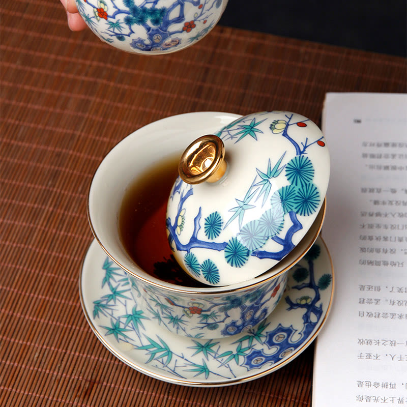 Buddha Stones Retro Plum Blossom Pine Bamboo Phoenix Kirin Ceramic Gaiwan Sancai Teacup Kung Fu Tea Cup and Saucer with Lid Cup BS 2