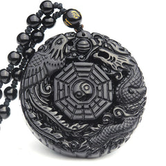 Collier pendentif Foviel Bagua Dragon Phénix en obsidienne
