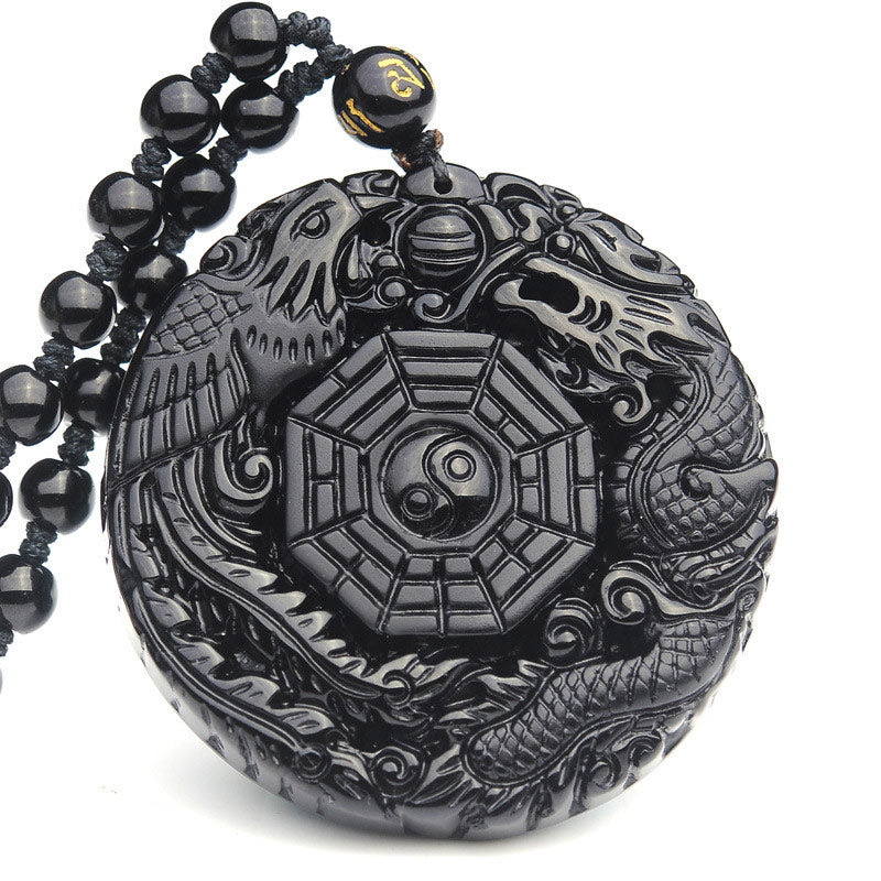 Collier pendentif Foviel Bagua Dragon Phénix en obsidienne
