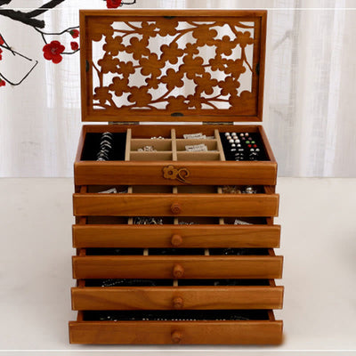 Buddha Stones Vintage Plum Blossom Carved Wooden Jewelry Box Six-Layer Jewelry Storage Box Jewelry Box BS 14