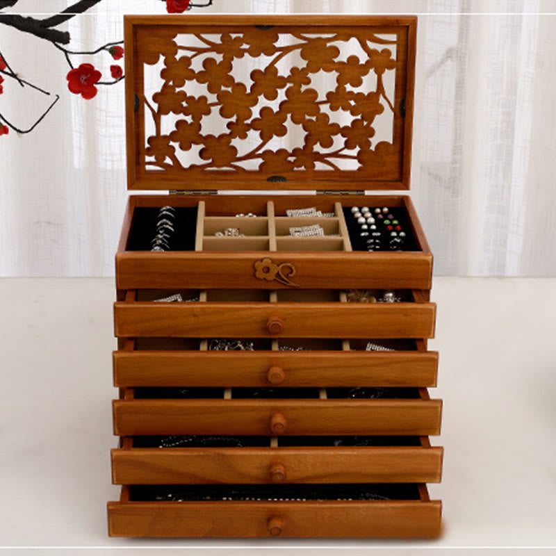 Buddha Stones Vintage Plum Blossom Carved Wooden Jewelry Box Six-Layer Jewelry Storage Box Jewelry Box BS 14