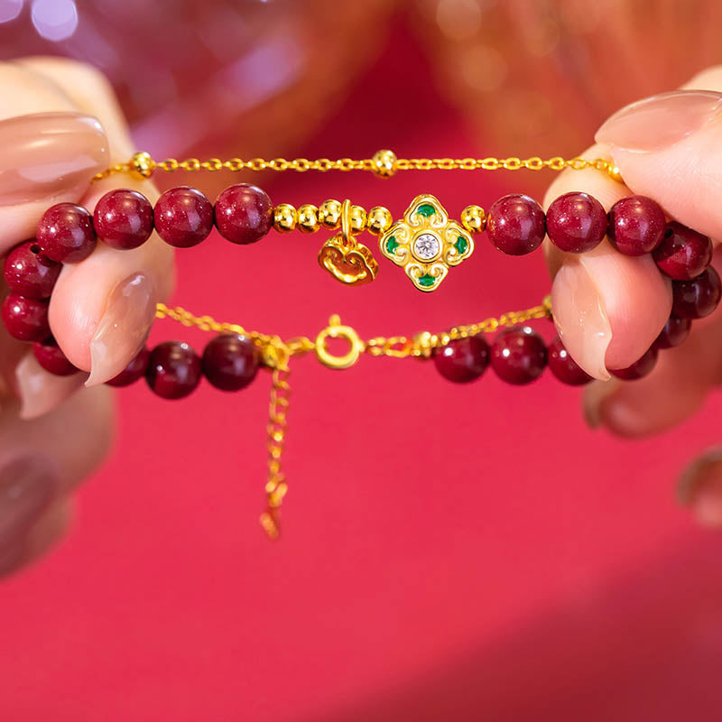 Buddha Stones 925 Sterling Silver Natural Cinnabar Four Leaf Clover Flower Blessing Chain Bracelet Bracelet BS 4