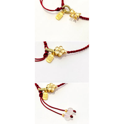 Buddha Stones Handmade Peach Blossom Rosette Bow Knot Fu Character Charm Luck Fortune Red Rope Bracelet Bracelet BS 9