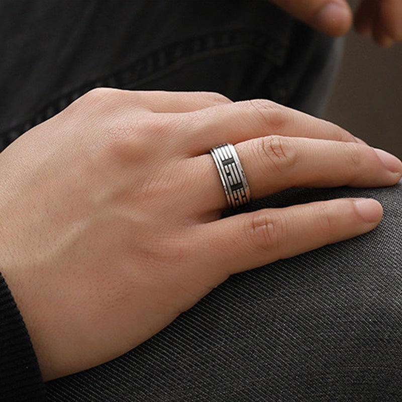 Buddha Stones Bagua Yin Yang Titanium Steel Balance Rotatable Ring Ring BS 3