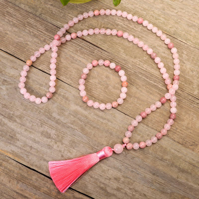 Buddha Stones 108 Mala Beads Pink Crystal Love Tassel Bracelet Mala Bracelet BS 1