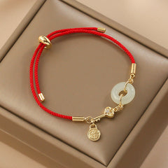 Buddha Stones 18K Gold Plated Hetian Jade Peace Buckle Fu Character Luck Red Rope Bracelet Bracelet BS 14-22cm