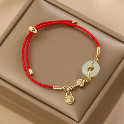 Buddha Stones 18K Gold Plated Hetian Jade Peace Buckle Fu Character Luck Red Rope Bracelet Bracelet BS 14-22cm
