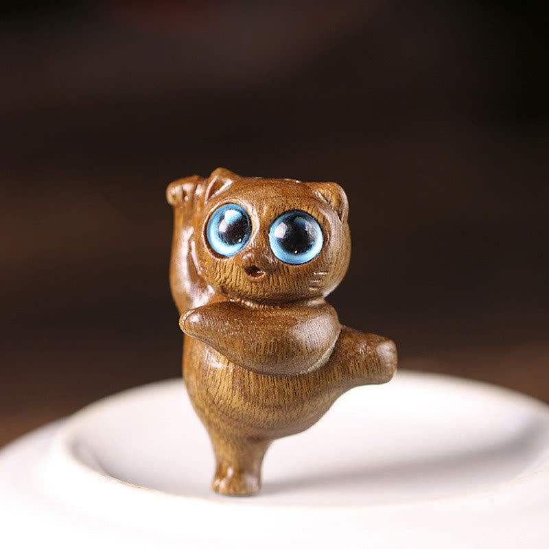 Buddha Stones Mini Green Sandalwood Dancing Cat Engraved Positive Desk Decorations Decorations BS 1