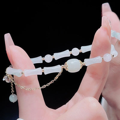 Buddha Stones Tianshan White Jade Bamboo Pattern Luck Blessing Bracelet 11